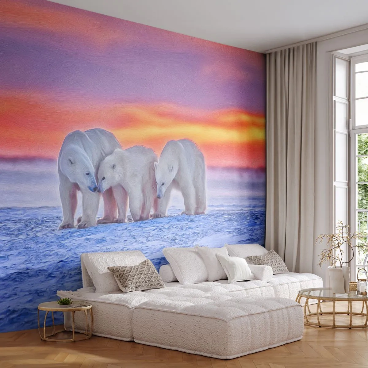 Fototapet Premium Canvas - Familievarme er nok - Dyr, Isbjørn, Sne - 200x140 cm