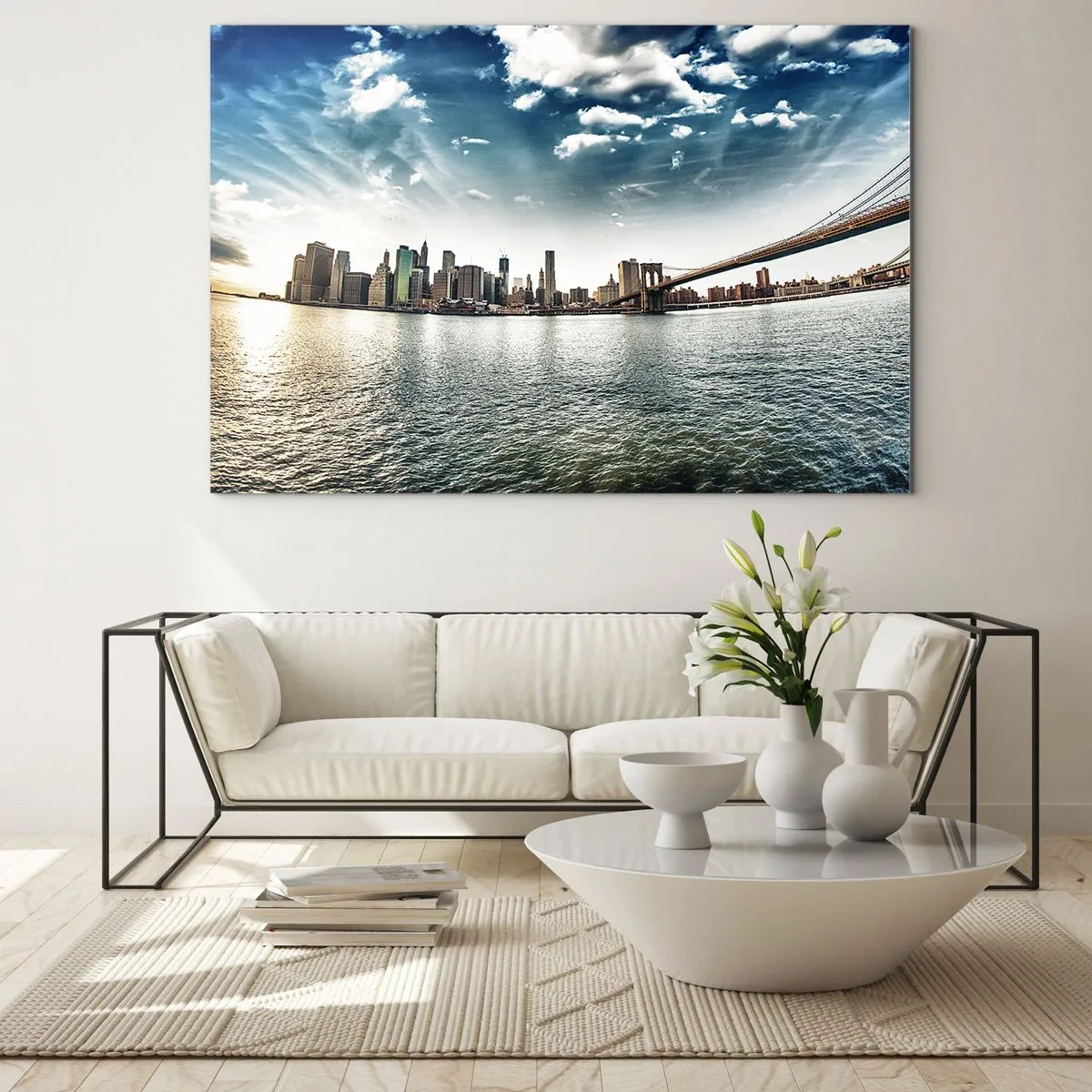 Billede på glas - Panoramaudsigt over New York City med Brooklyn Bridge - 70x50cm - Glas ø - Moderne vægdekoration til stue og soveværelse ARTTOR