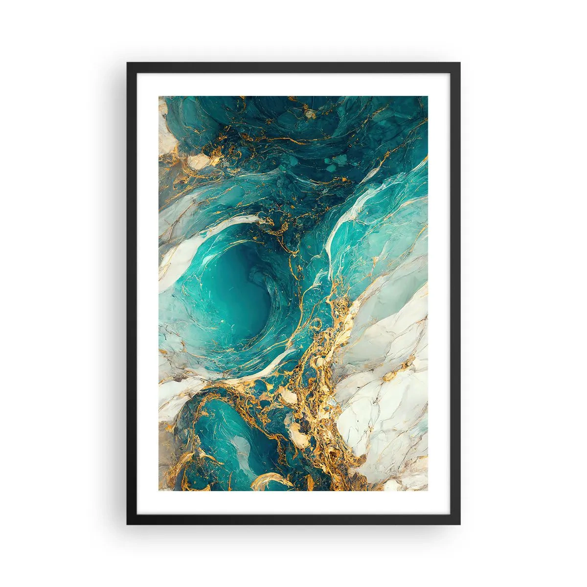 Plakat i sort ramme - Turkis abstraktion med guld accenter - 50x70cm - Komposition med årer af guld - Moderne vægdekoration til stue og soveværelse ARTTOR