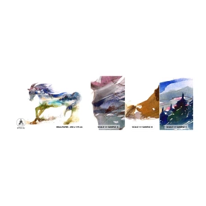 Prøve Fototapet Selvklæbende Deluxe Sticker - Fra engen lige op til himlen - Hest, Abstraktion, Landskab - 100x30 cm