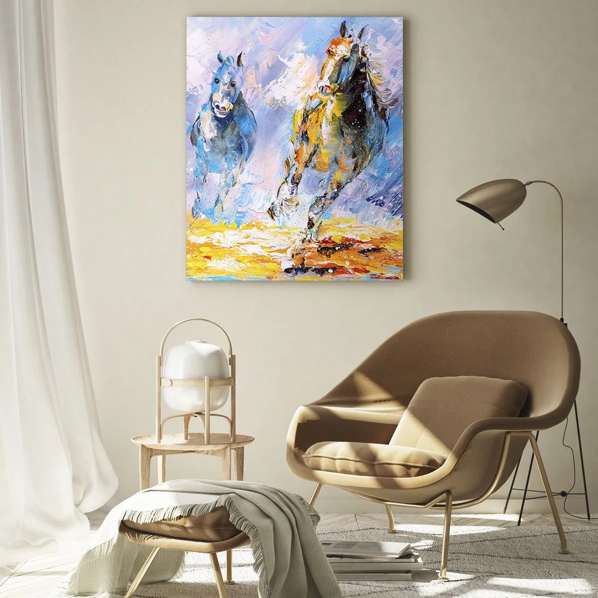 Billede på glas - Galopperer gennem det blanke skær - 70x100 cm