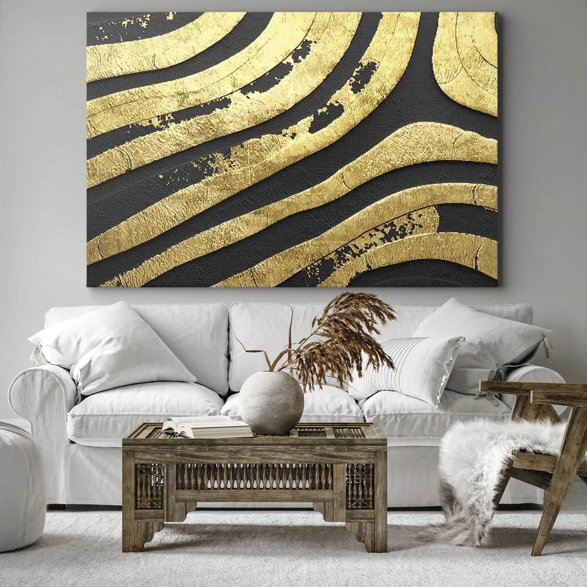 Lærredstryk - Billede på lærred - Gyldne abstrakte bølger på en sort baggrund - 70x50cm - Alt flyder - Moderne vægdekoration til stue og soveværelse ARTTOR