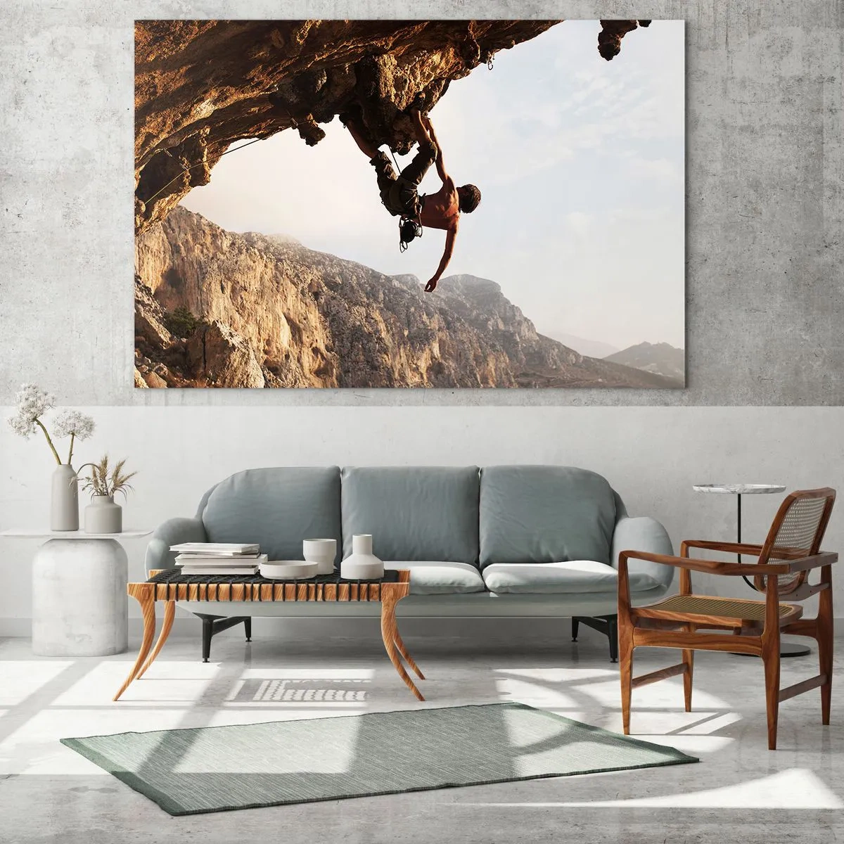 Billede på glas - Klatring af en lodret klippe i et bjerglandskab - 70x50cm - Verden skrumpede ind i en håndfuld på en klippeskrænt - Moderne vægdekoration til stue og soveværelse ARTTOR