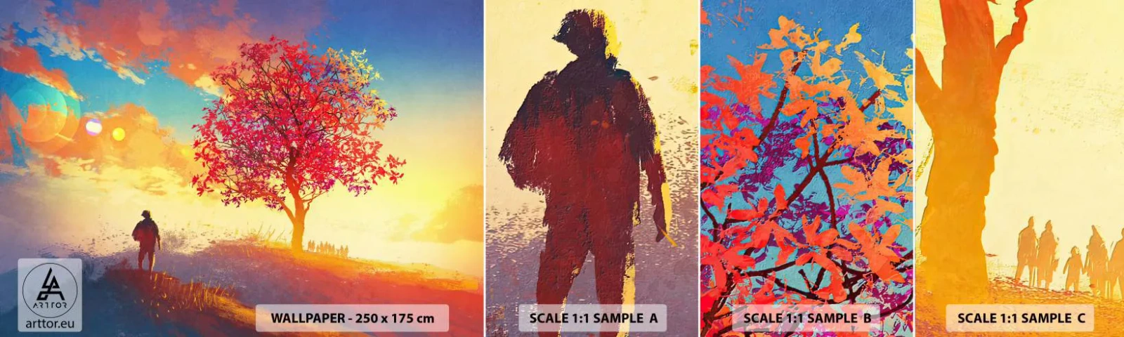 Prøve Fototapet Selvklæbende Deluxe Sticker - Pilgrim på bestemmelsesstedet - Landskab, Træ, Vandrer - 100x30 cm