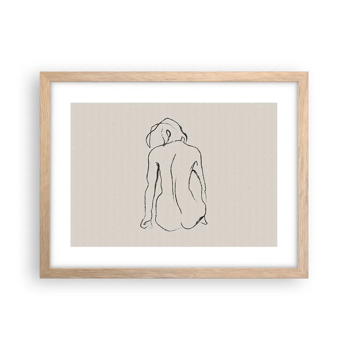 Plakat i ramme af lyst egetræ - Nøgen pige - 40x30 cm