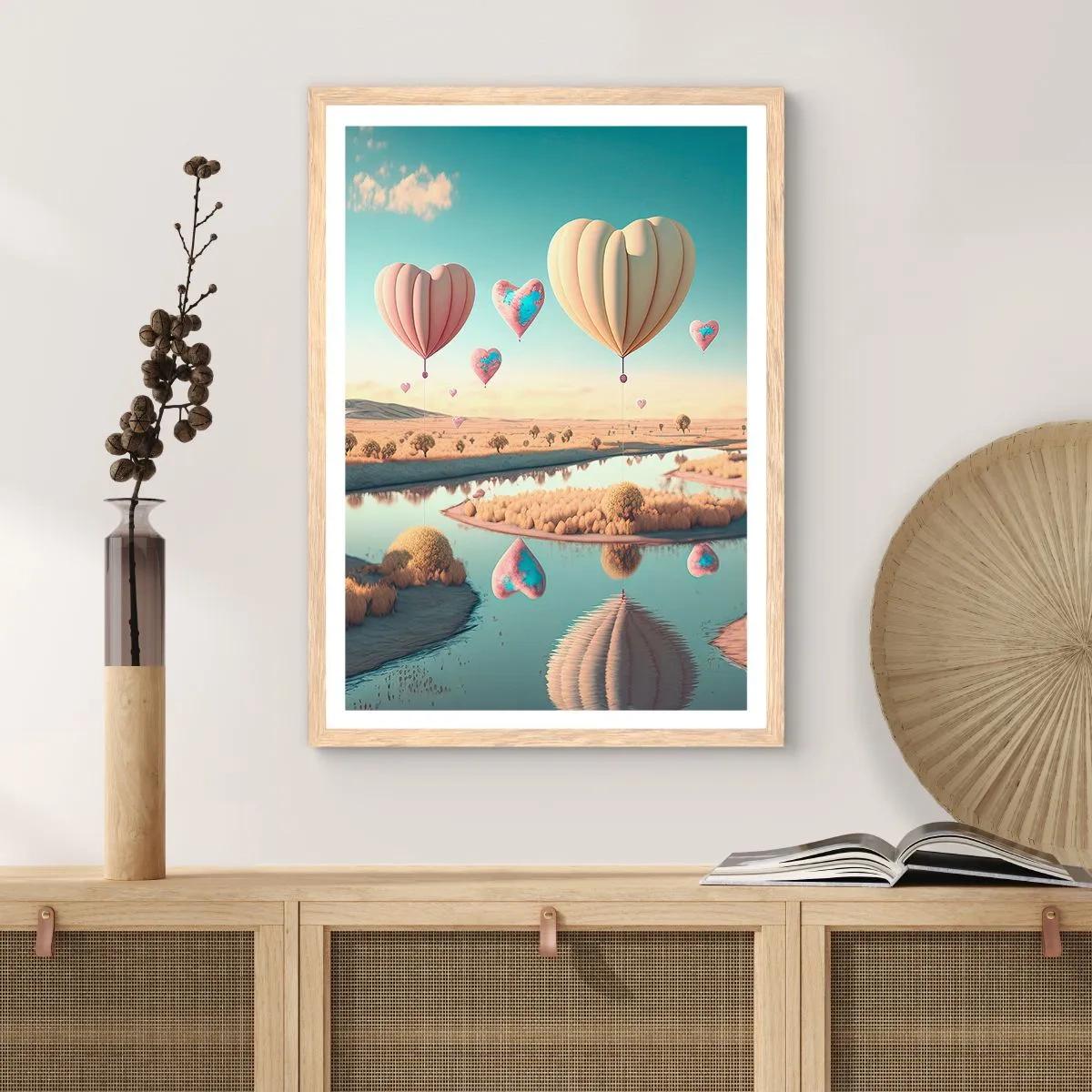 Plakat i ramme af lyst egetræ - Kærlighed lader dig svæve - 70x100 cm