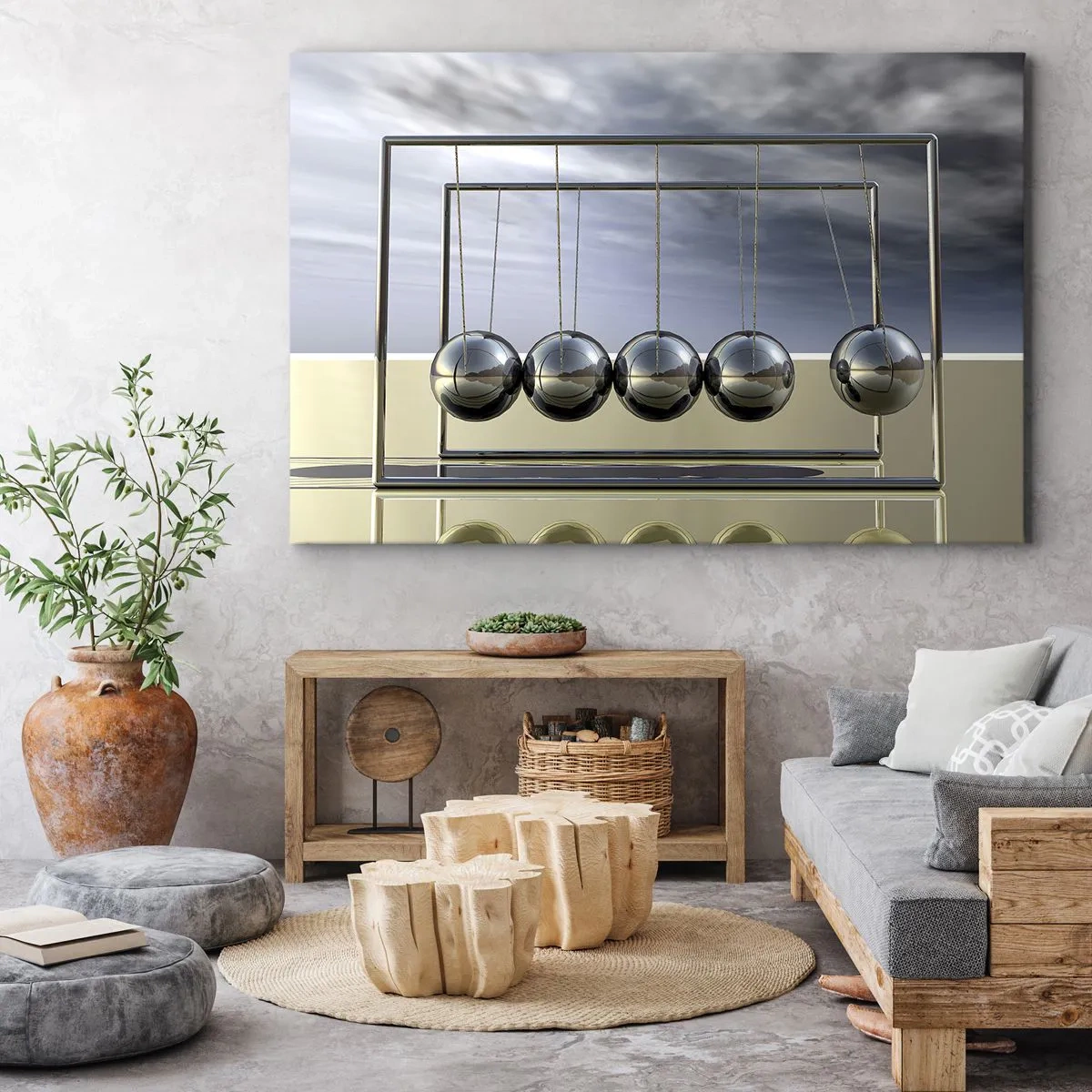 Lærredstryk - Billede på lærred - Newtons kugler i minimalistiske omgivelser med lysrefleksioner - 70x50cm - Verdens energi - Moderne vægdekoration til stue og soveværelse ARTTOR