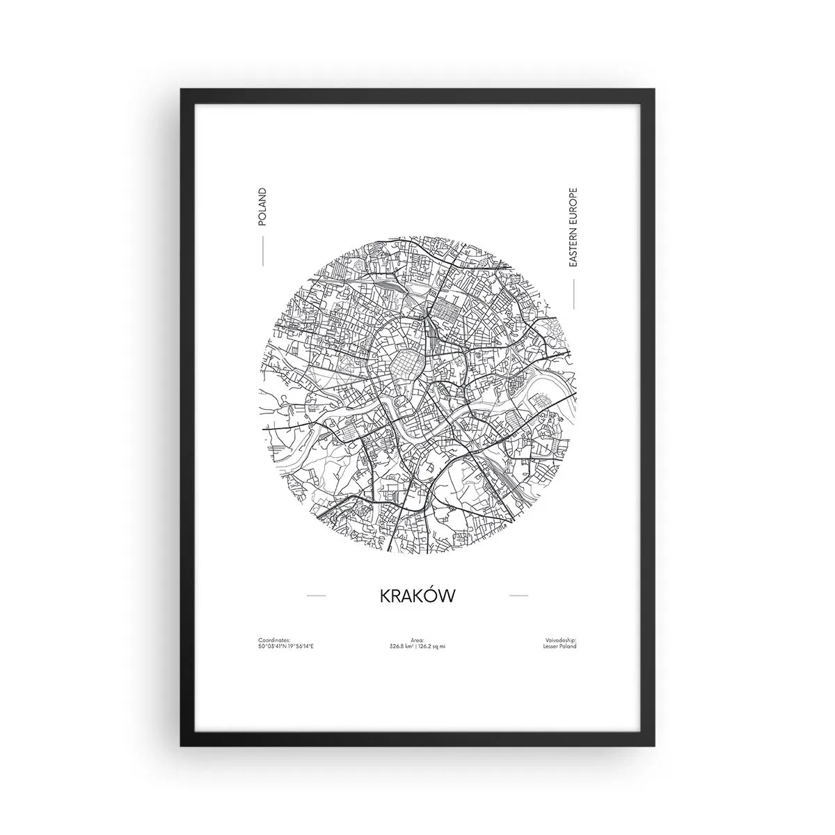 Plakat i sort ramme - Et minimalistisk kort over Krakow i en cirkel - 50x70cm - Krakows anatomi - Moderne vægdekoration til stue og soveværelse ARTTOR