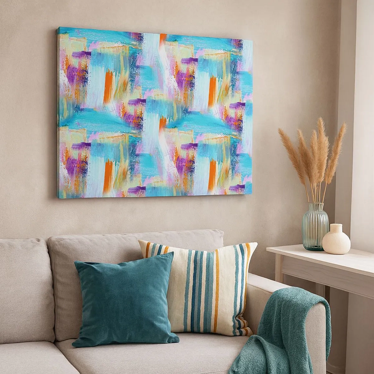 Lærredstryk - Billede på lærred - Farverig abstraktion med dynamiske penselstrøg - 70x50cm - Munter mazel topper - Moderne vægdekoration til stue og soveværelse ARTTOR