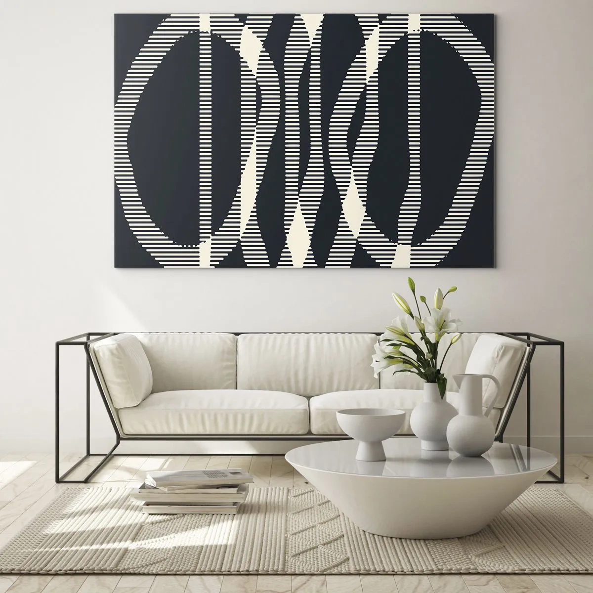 Billede på glas - Geometriske linjer i sorte og beige nuancer - 70x50cm - Forsøg på at bryde igennem mørket - Moderne vægdekoration til stue og soveværelse ARTTOR