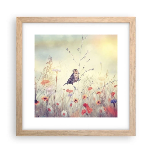 Plakat i ramme af lyst egetræ - Fugleportræt med en eng i baggrunden - 30x30 cm
