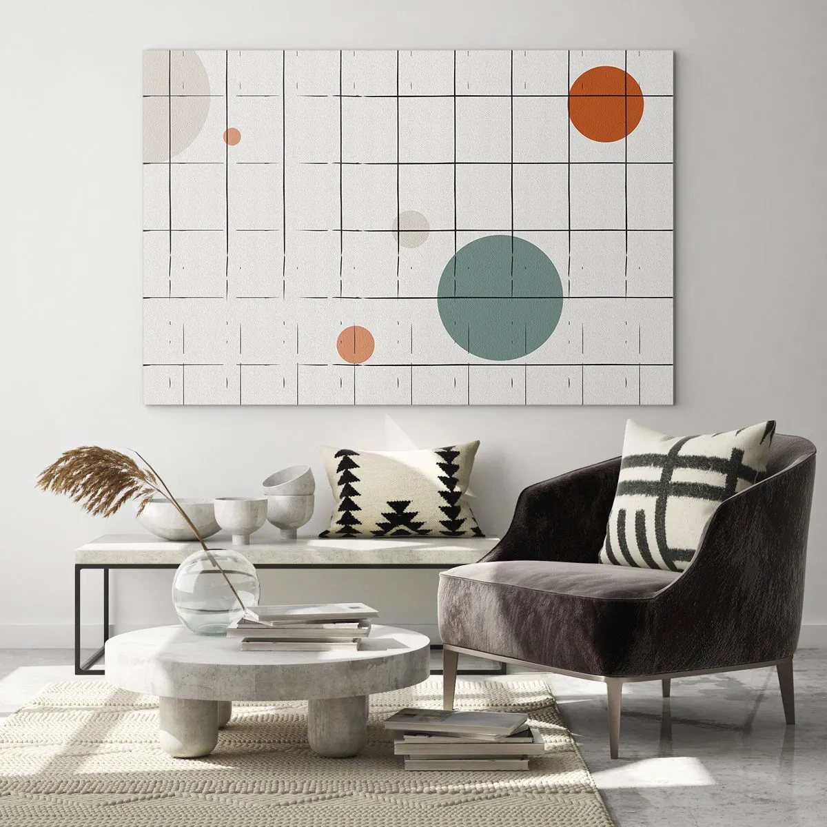 Billede på glas - Farverige cirkler på et geometrisk gitter af tynde linjer - 70x50cm - Fanget i en fælde. Os eller dem? - Moderne vægdekoration til stue og soveværelse ARTTOR