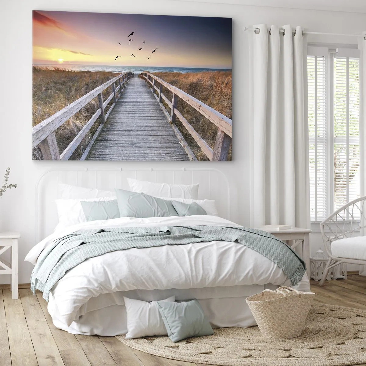 Lærredstryk - Billede på lærred - Træbro, der fører til stranden ved solnedgang - 70x50cm - Rummet med højder - Moderne vægdekoration til stue og soveværelse ARTTOR