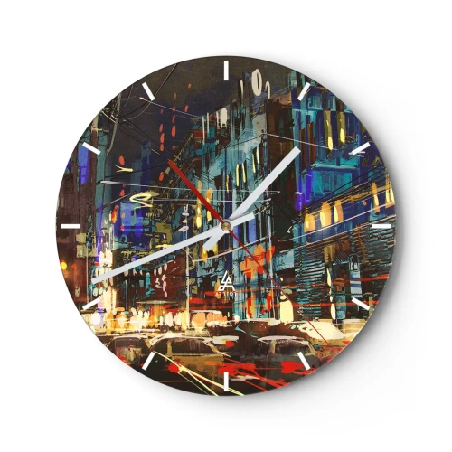 Vægur, Uret - Et farverigt abstrakt, der skildrer en natby - 30x30cm - Aftenens travlhed på gaden - Moderne vægdekoration til stue, køkken og soveværelse ARTTOR
