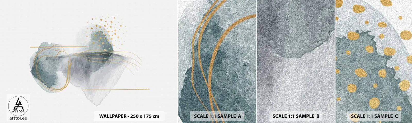 Fototapet Prøve Standard Eco - Om forholdet mellem grå og guld - Abstraktion, Stykke, Interessante former - 100x30 cm