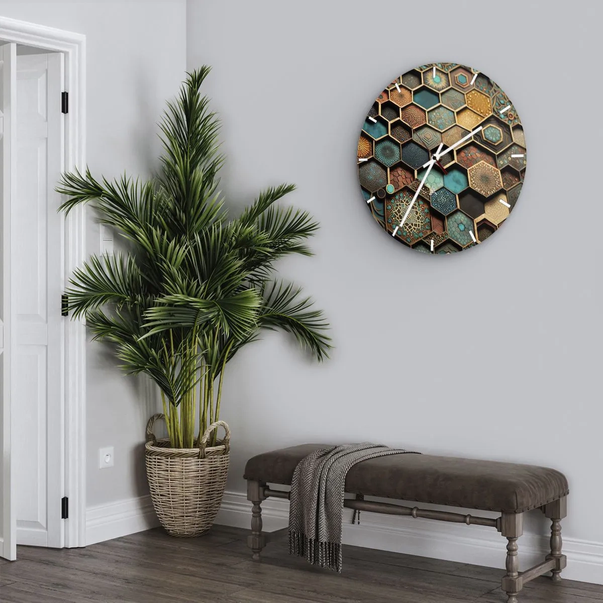 Vægur, Uret - Flerfarvede sekskanter med orientalske mønstre - 30x30cm - Arabiske ornamenter - en variation - Moderne vægdekoration til stue, køkken og soveværelse ARTTOR