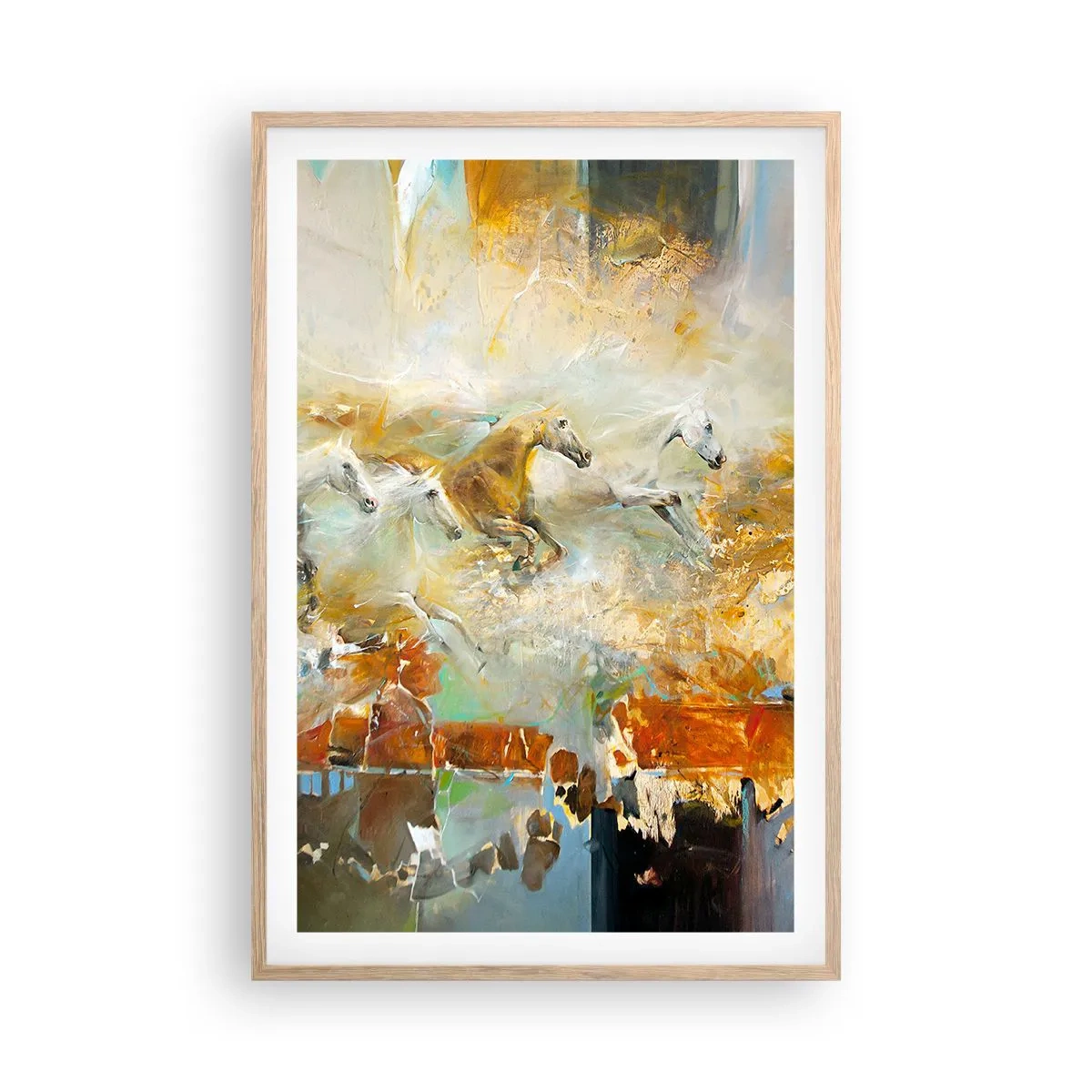 Plakat i ramme af lyst egetræ - Galopperer gennem lyset - 61x91 cm