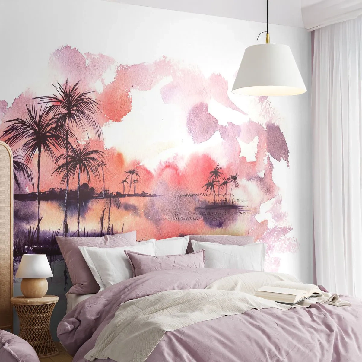 Fototapet Selvklæbende Deluxe Sticker - Tropernes ro i rødt - Landskab, Kokospalme, Grafik - 350x256 cm
