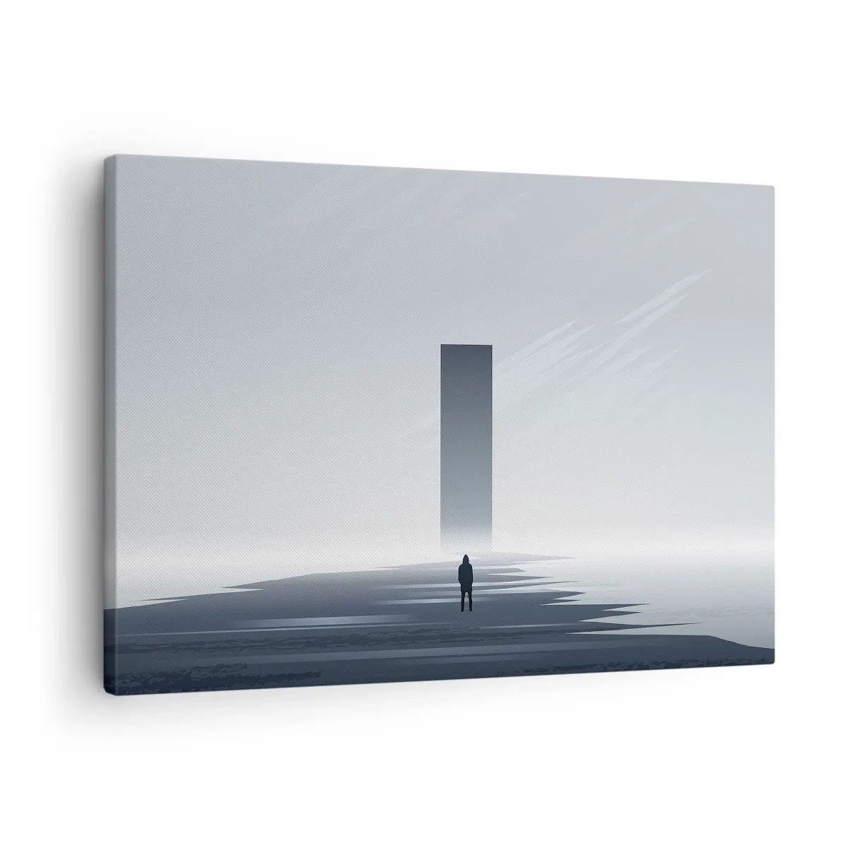 Lærredstryk - Billede på lærred - Et minimalistisk landskab med en silhuet ved siden af en rektangulær monolit - 70x50cm - Mulighed eller trussel? - Moderne vægdekoration til stue og soveværelse ARTTOR