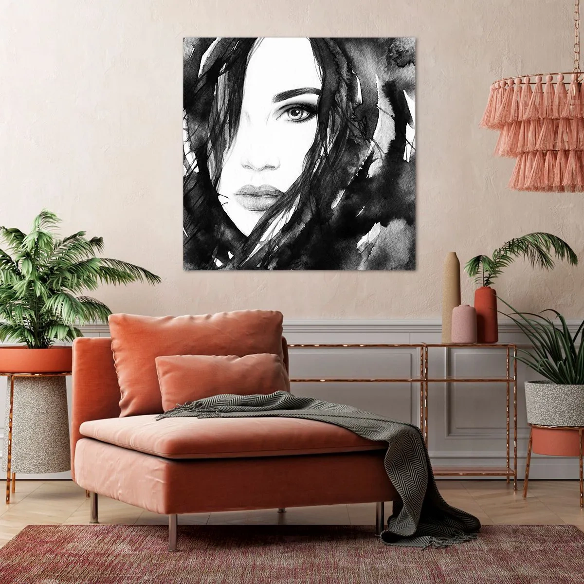 Lærredstryk - Billede på lærred - Portræt af en dame i sort og hvidt - 60x60 cm