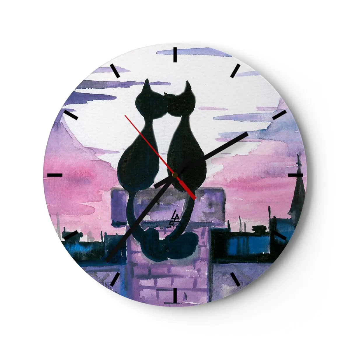Vægur, Uret - Silhuetter af to katte mod den lyserøde himmel - 30x30cm - Rendez-vous under månen - Moderne vægdekoration til stue, køkken og soveværelse ARTTOR