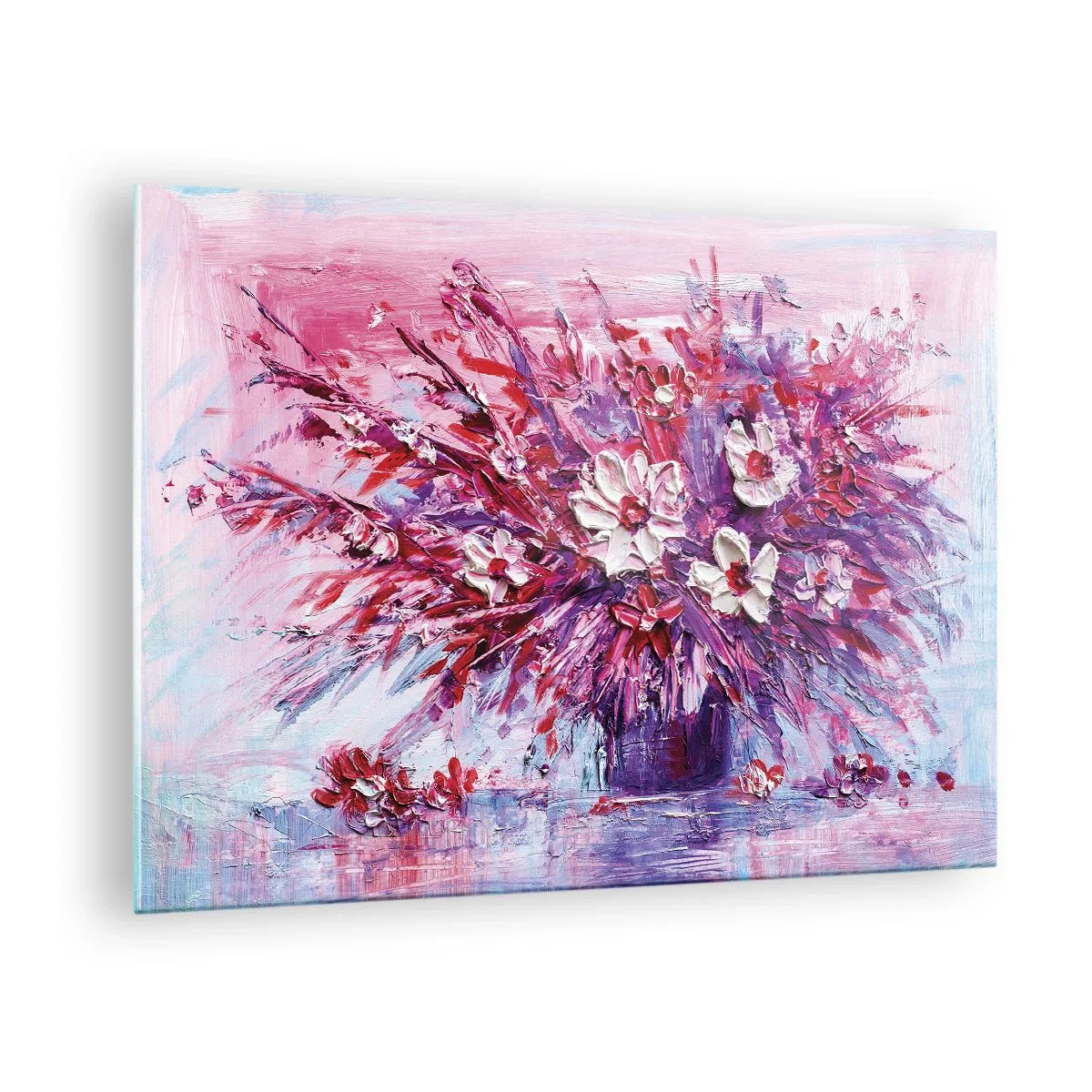 Billede på glas - En buket blomster i nuancer af lyserød og lilla - 70x50cm - Uskyld og lidenskab - Moderne vægdekoration til stue og soveværelse ARTTOR
