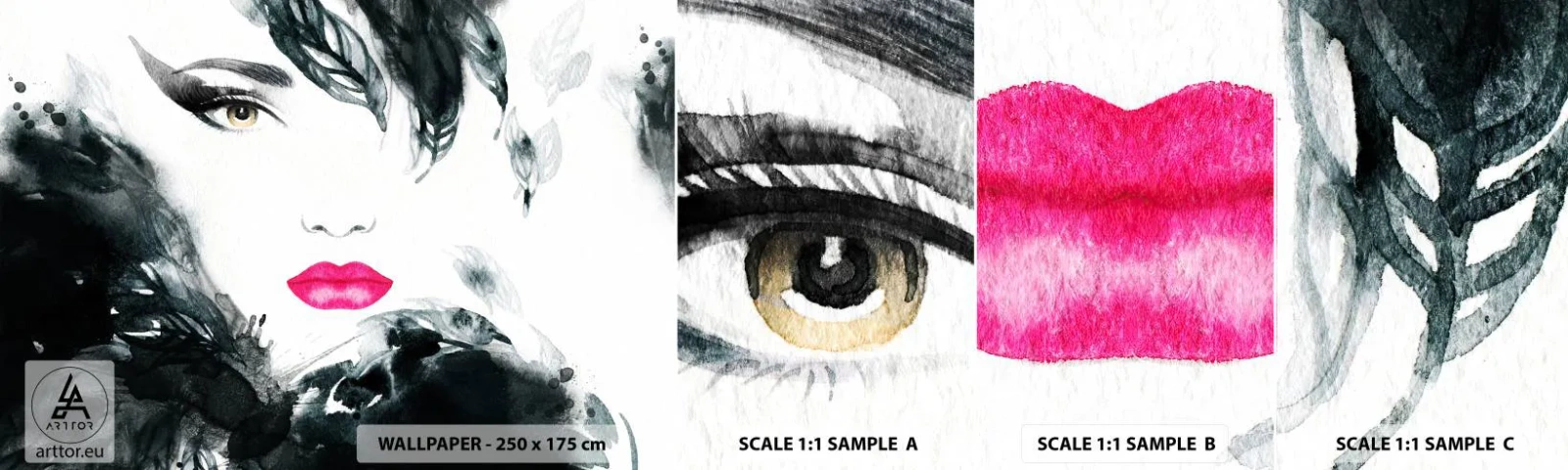 Prøve Fototapet Selvklæbende Deluxe Sticker - OBS! Femme fatale - Abstraktion, Kvindens ansigt, Portræt af en kvinde - 100x30 cm