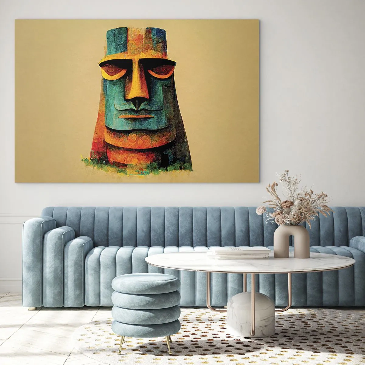 Billede på glas - Et farverigt portræt inspireret af en stenstatue på en beige baggrund. - 70x50cm - Statuarisk, men alligevel sympatisk - Moderne vægdekoration til stue og soveværelse ARTTOR