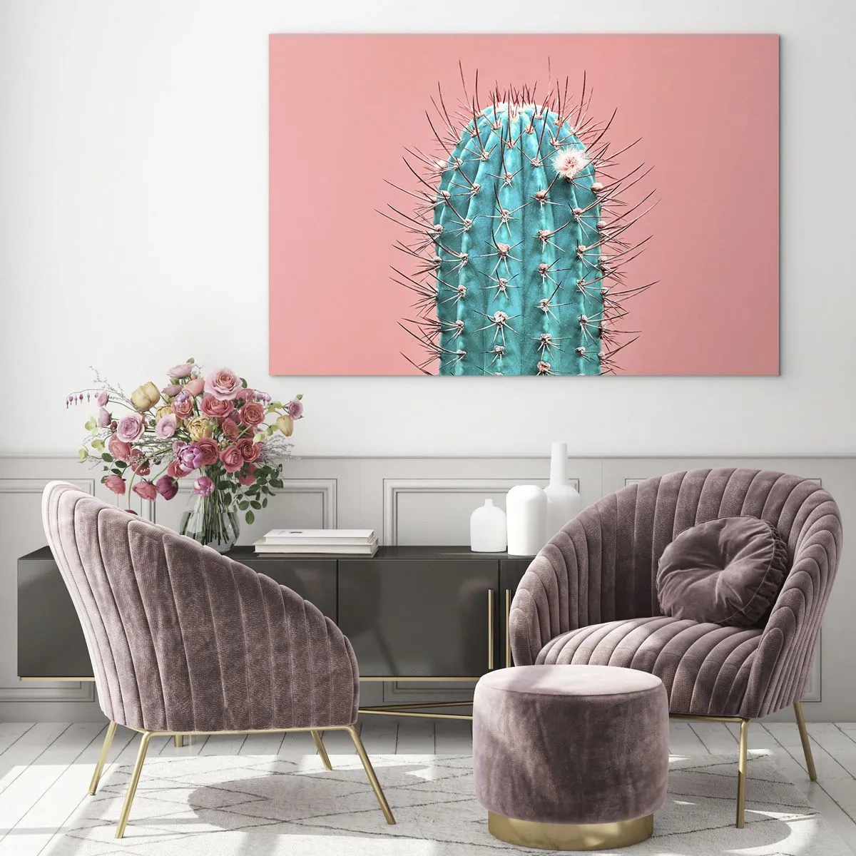 Billede på glas - Grøn kaktus med torne på en lyserød baggrund - 70x50cm - Bare se - Moderne vægdekoration til stue og soveværelse ARTTOR