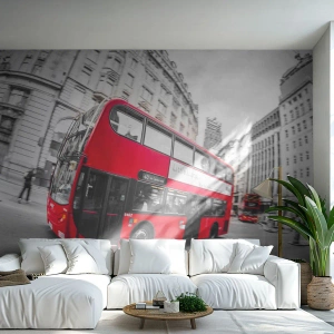 Fototapet Premium Sand - London traditionelt - by bus - By, London, Rød bus - 200x140 cm