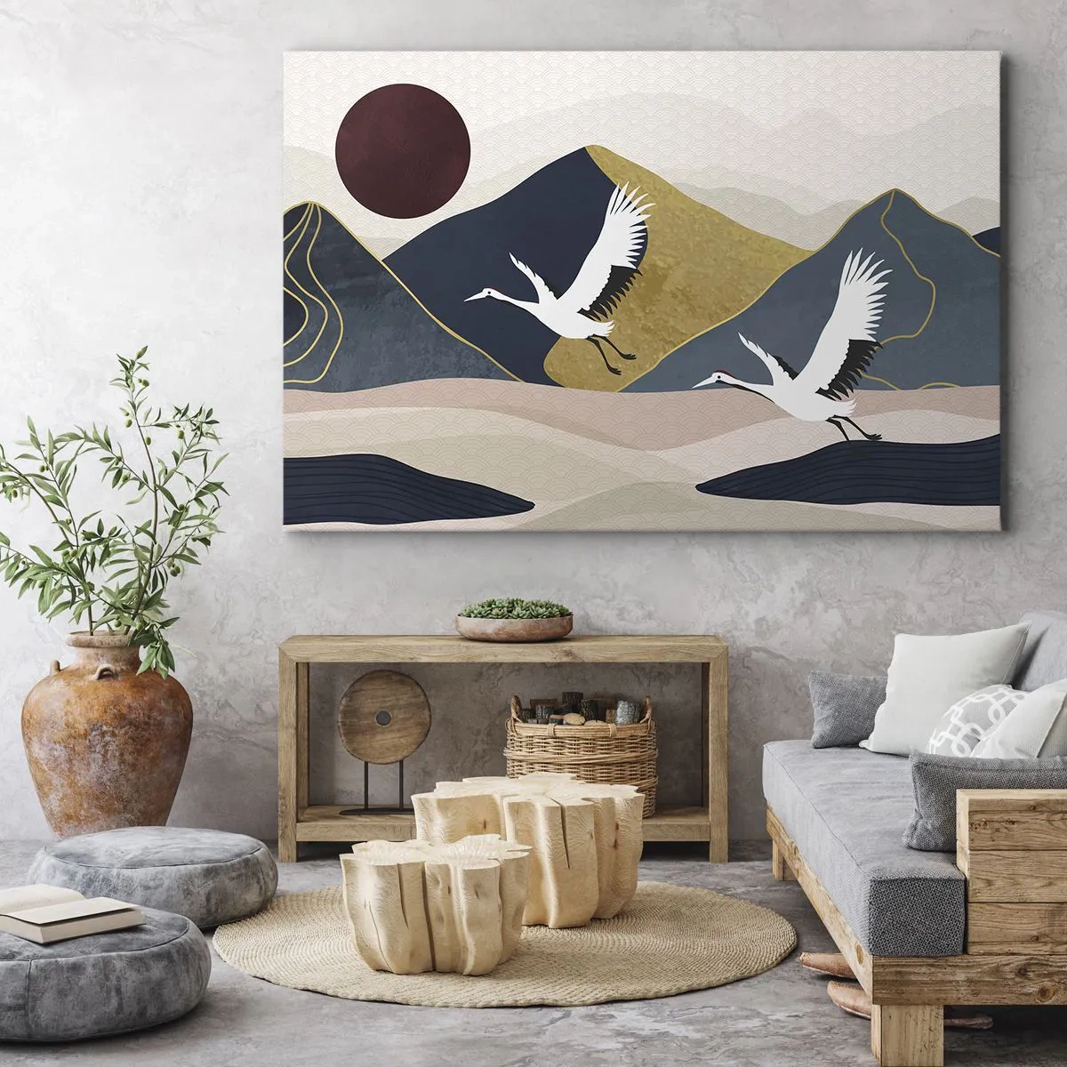 Lærredstryk - Billede på lærred - Traner i flugt mod en baggrund af bjerge og en rød sol - 70x50cm - Og dagen er igen FLØJET af sted - Moderne vægdekoration til stue og soveværelse ARTTOR