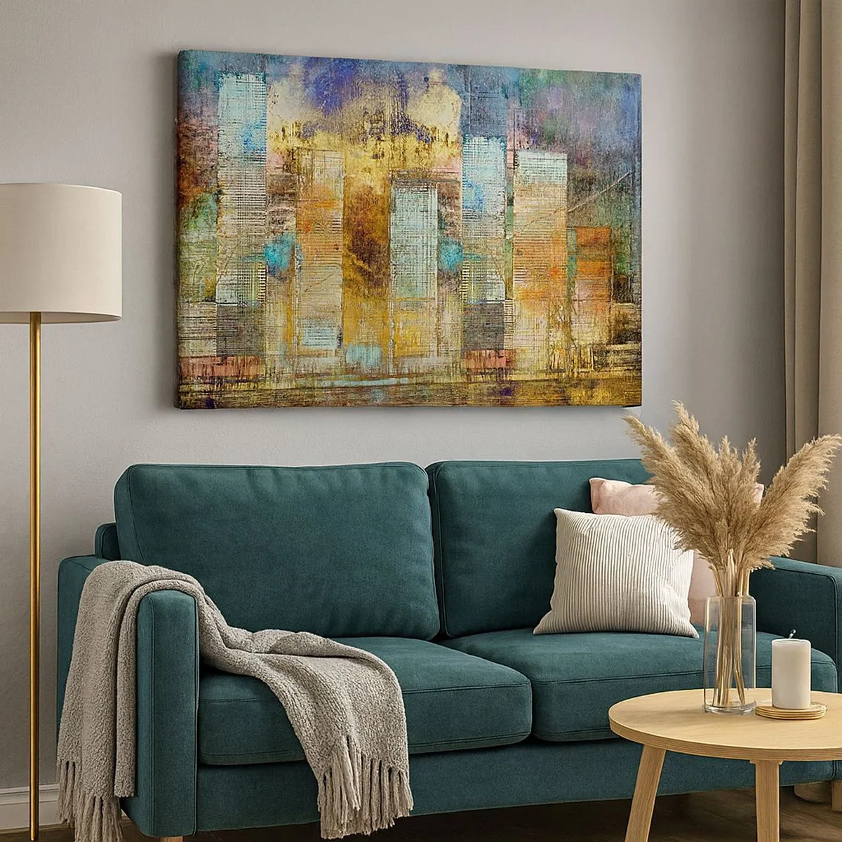 Lærredstryk - Billede på lærred - Abstrakte skyskrabere i industriel stil - 70x50cm - Solrig metropol - Moderne vægdekoration til stue og soveværelse ARTTOR