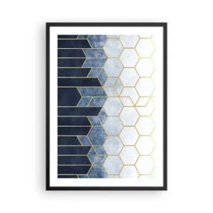 Plakat i sort ramme - Geometrisk komposition i nuancer af marineblå og guld med sekskanter - 50x70cm - Komposition i synkoperet rytme - Moderne vægdekoration til stue og soveværelse ARTTOR
