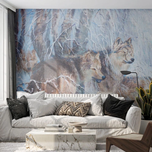Fototapet Premium Canvas - OBS! På vej... - Dyr, Ulve, Skov - 450x315 cm