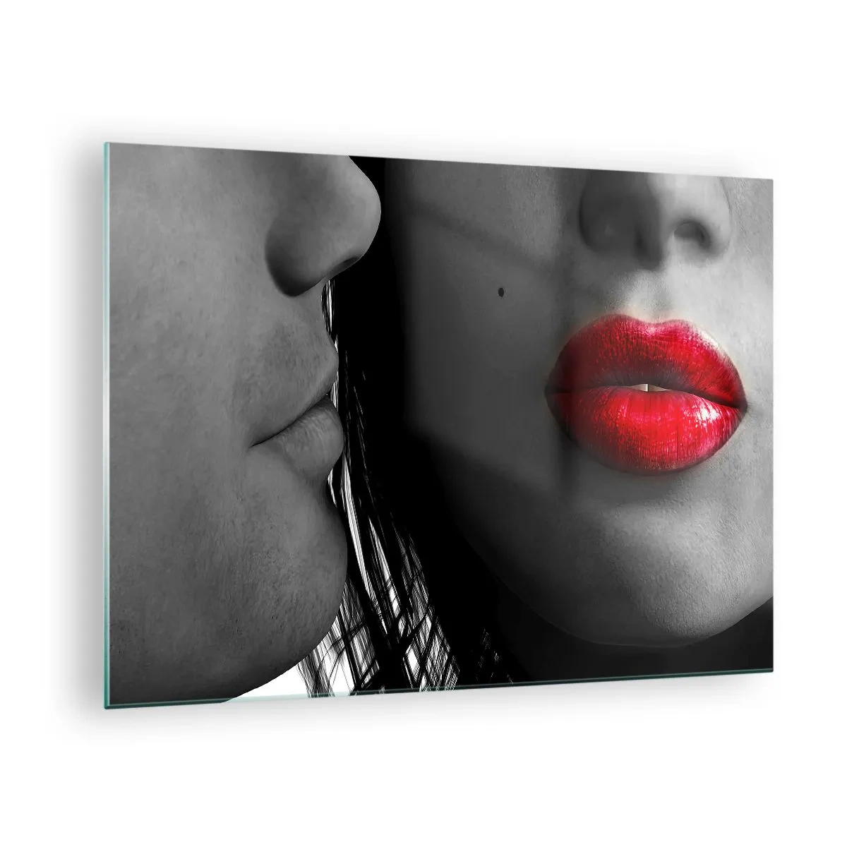 Billede på glas - Sensuelle læber i et kontrasterende billede - 70x50cm - Ansigt til ansigt - Moderne vægdekoration til stue og soveværelse ARTTOR