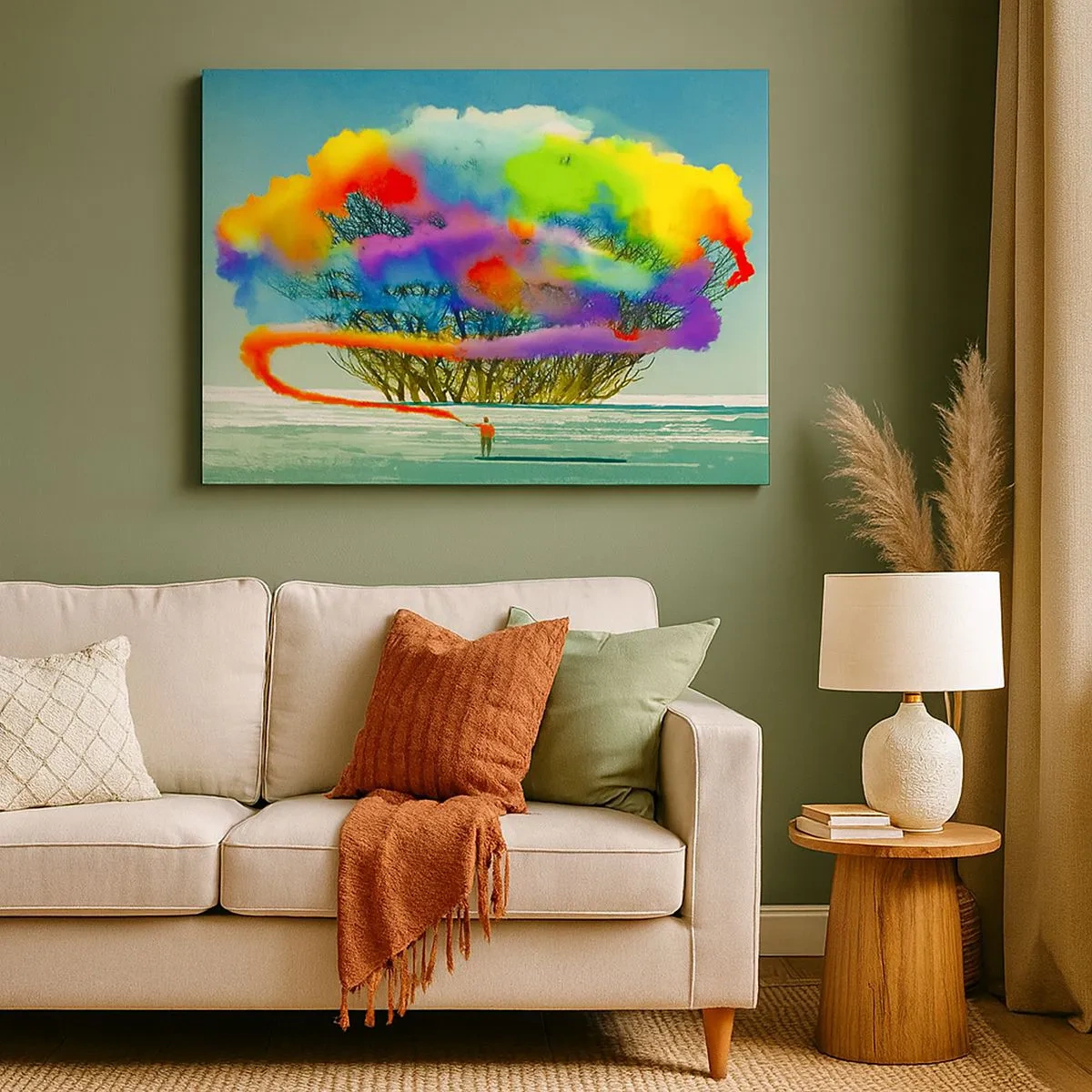 Lærredstryk - Billede på lærred - En figur med farvet røg i baggrunden af et træ i vildmarken - 70x50cm - Giv liv til denne verden - Moderne vægdekoration til stue og soveværelse ARTTOR