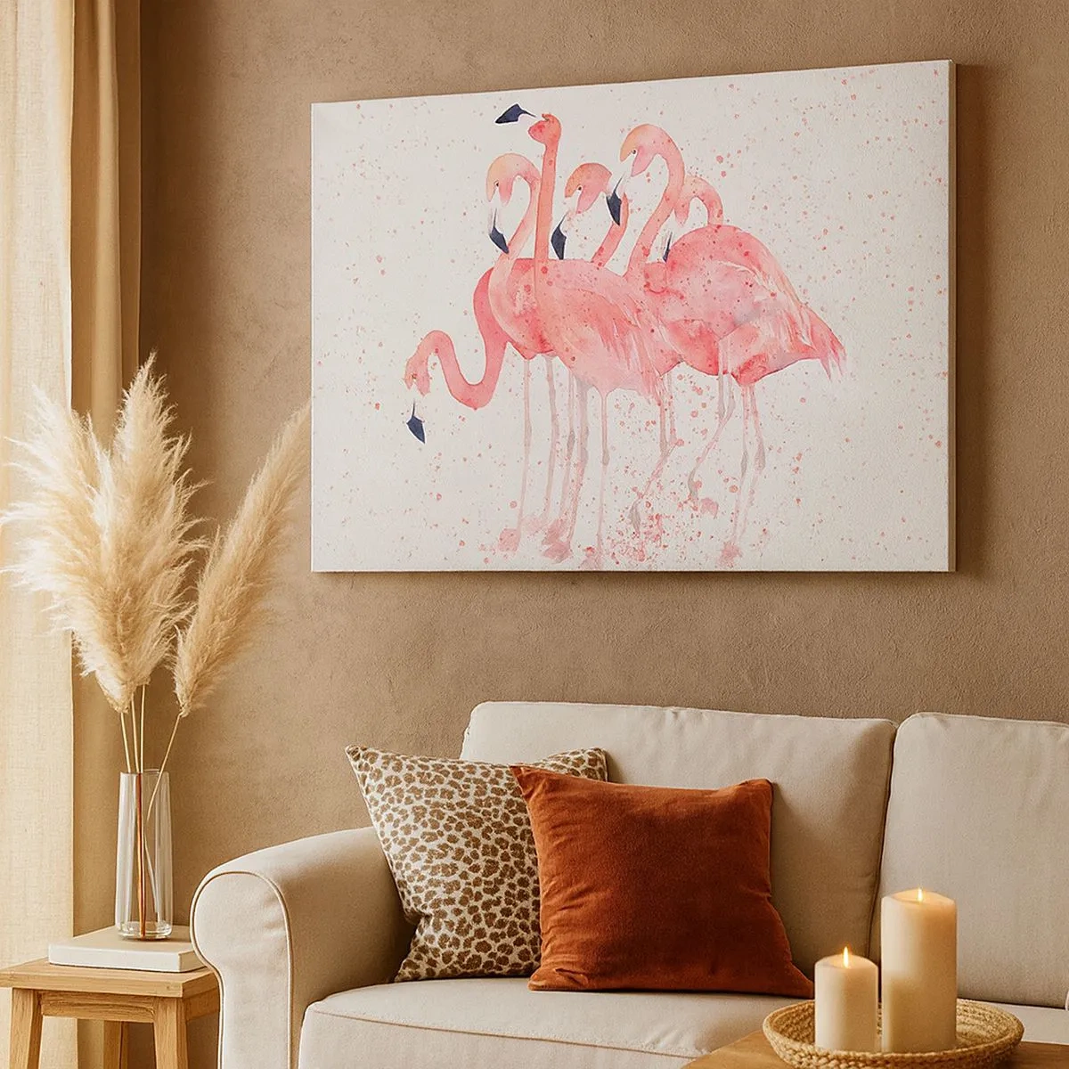 Lærredstryk - Billede på lærred - Lyserøde flamingoer i kunstnerisk akvarelstil - 70x50cm - Lyserød ansambl - Moderne vægdekoration til stue og soveværelse ARTTOR
