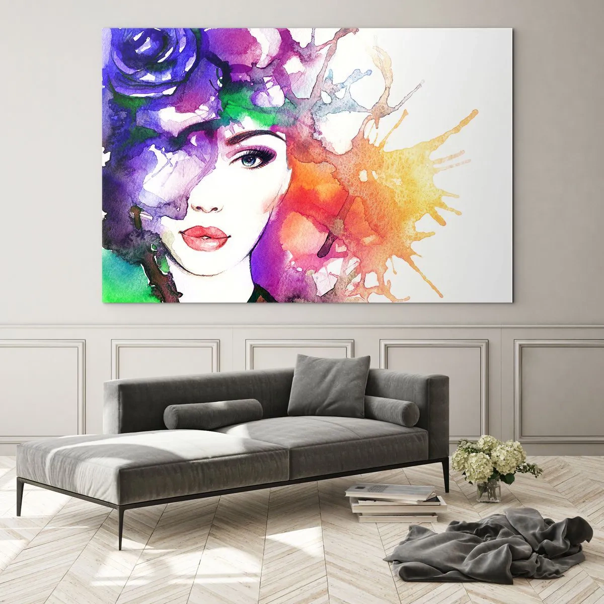 Billede på glas - En kvinde med en sløret, farverig baggrund i akvarelstil - 70x50cm - Med hovedet i skyerne - Moderne vægdekoration til stue og soveværelse ARTTOR