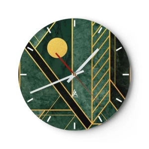 Vægur, Uret - Grøn baggrund med geometriske guldlinjer og en guldcirkel - 30x30cm - Dynamikken i guld og azurblå - Moderne vægdekoration til stue, køkken og soveværelse ARTTOR