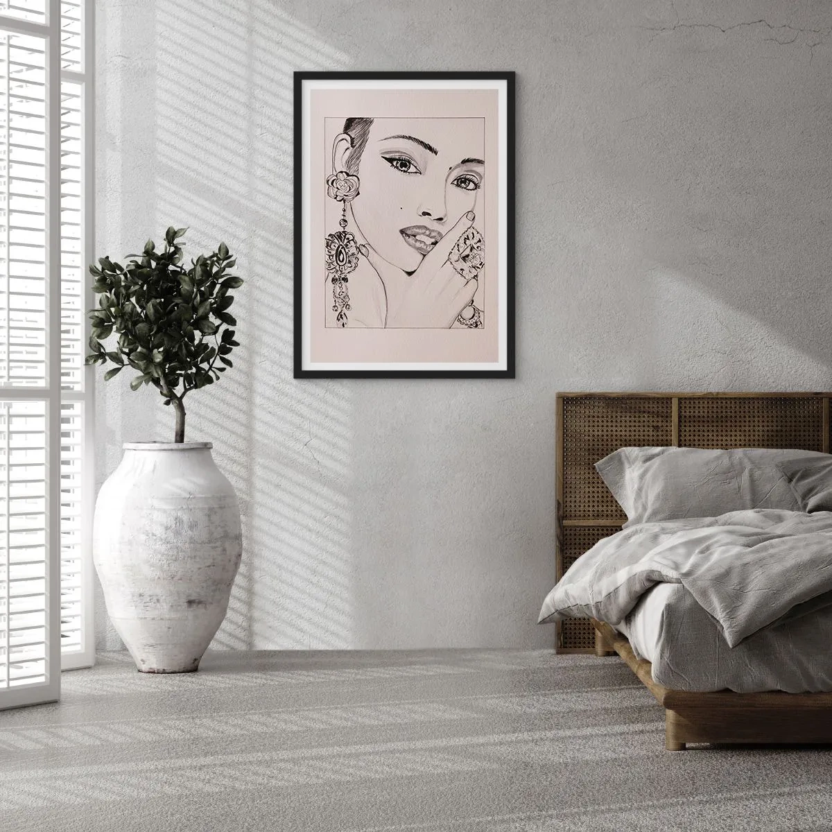 Plakat i sort ramme - Skitse af en kvinde iført glamourøse smykker - 50x70cm - Den smukkeste juvel - Moderne vægdekoration til stue og soveværelse ARTTOR