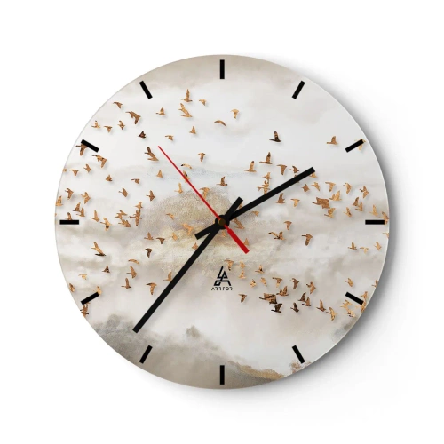 Vægur, Uret - En flok fugle, der flyver mod baggrunden af bjerge i en delikat tåge - 30x30cm - Det er på tide... - Moderne vægdekoration til stue, køkken og soveværelse ARTTOR