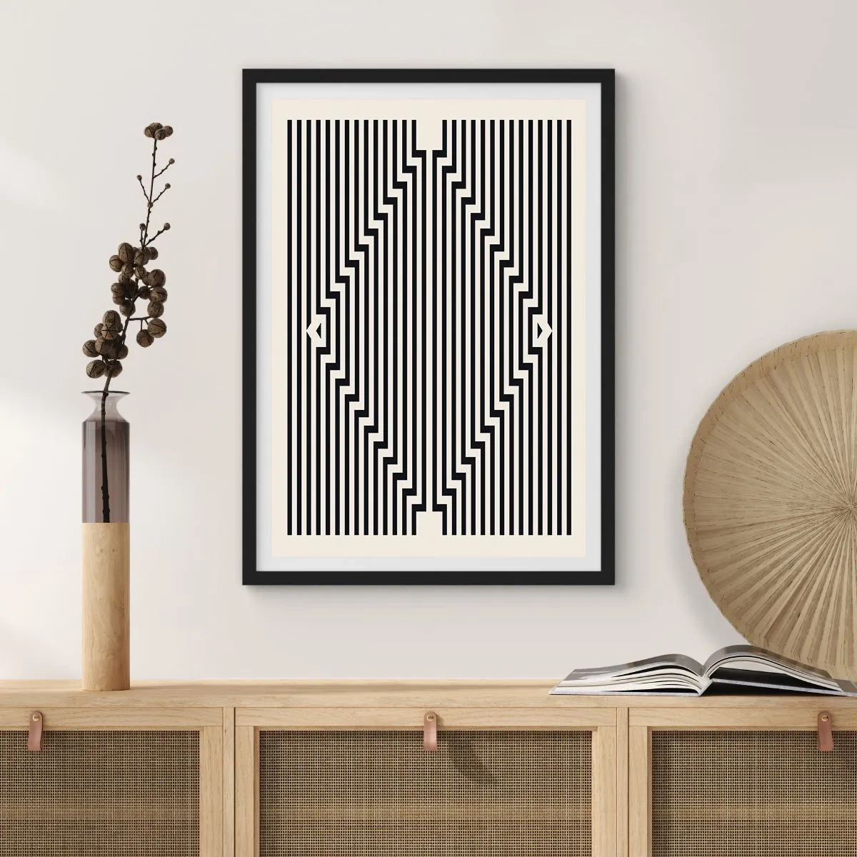 Plakat i sort ramme - Sorte og hvide linjer skaber en optisk illusion - 50x70cm - Geometrisk illusion - Moderne vægdekoration til stue og soveværelse ARTTOR