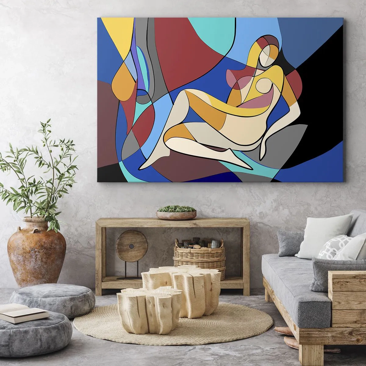 Lærredstryk - Billede på lærred - Farverig nøgen i kubistisk stil - 70x50cm - Kubistisk nøgen - Moderne vægdekoration til stue og soveværelse ARTTOR
