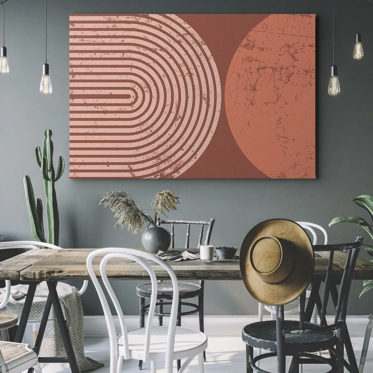 Lærredstryk - Billede på lærred - Geometriske mønstre i terrakottafarver på en vintage baggrund - 70x50cm - Tæt forhold - Moderne vægdekoration til stue og soveværelse ARTTOR