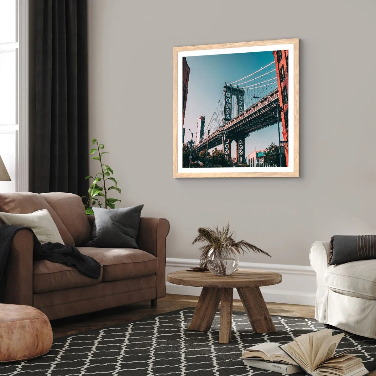 Plakat i ramme af lyst egetræ - Over byens bølger - 40x40 cm