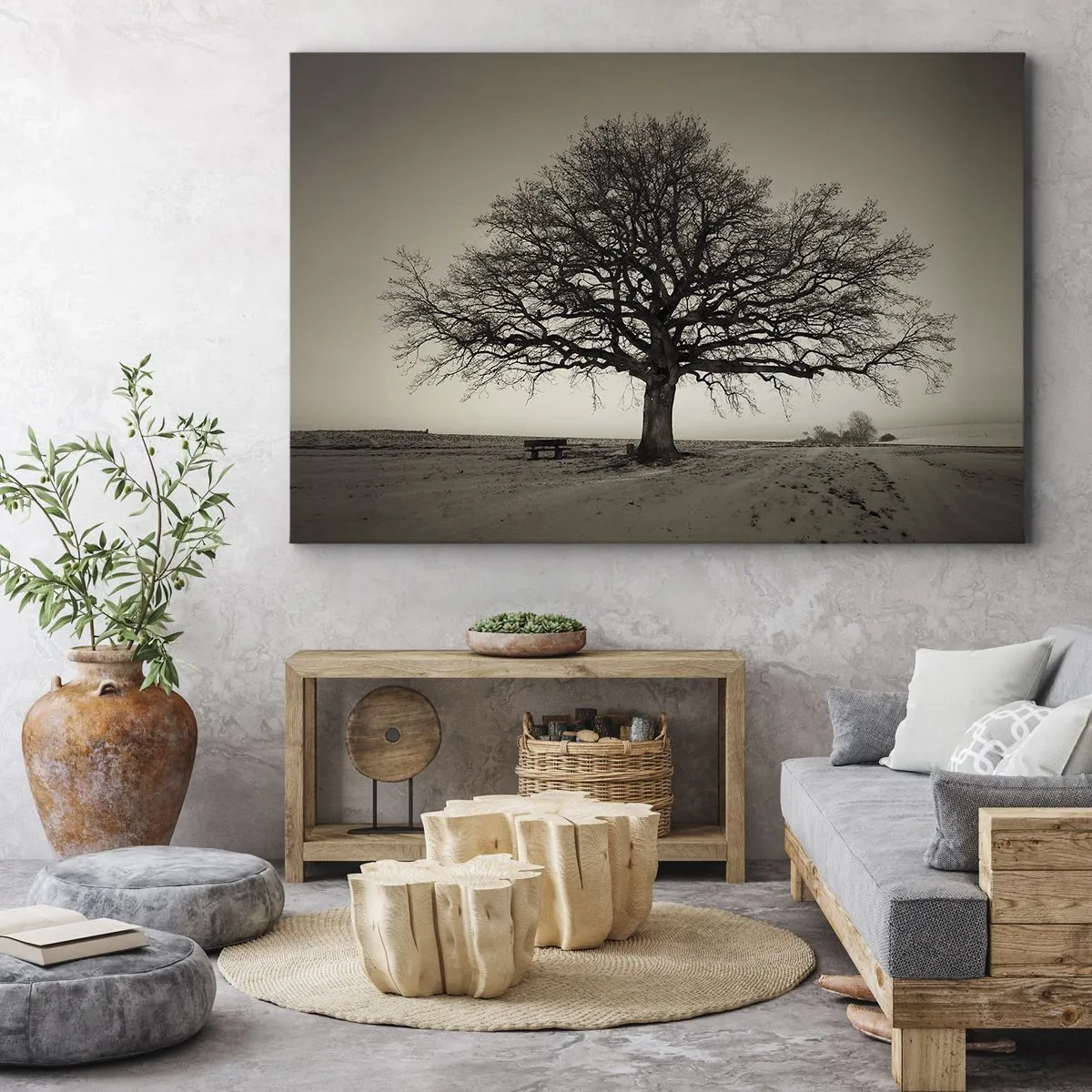 Lærredstryk - Billede på lærred - Et ensomt træ i en sepiamark - 70x50cm - Herfra og til evigheden - Moderne vægdekoration til stue og soveværelse ARTTOR
