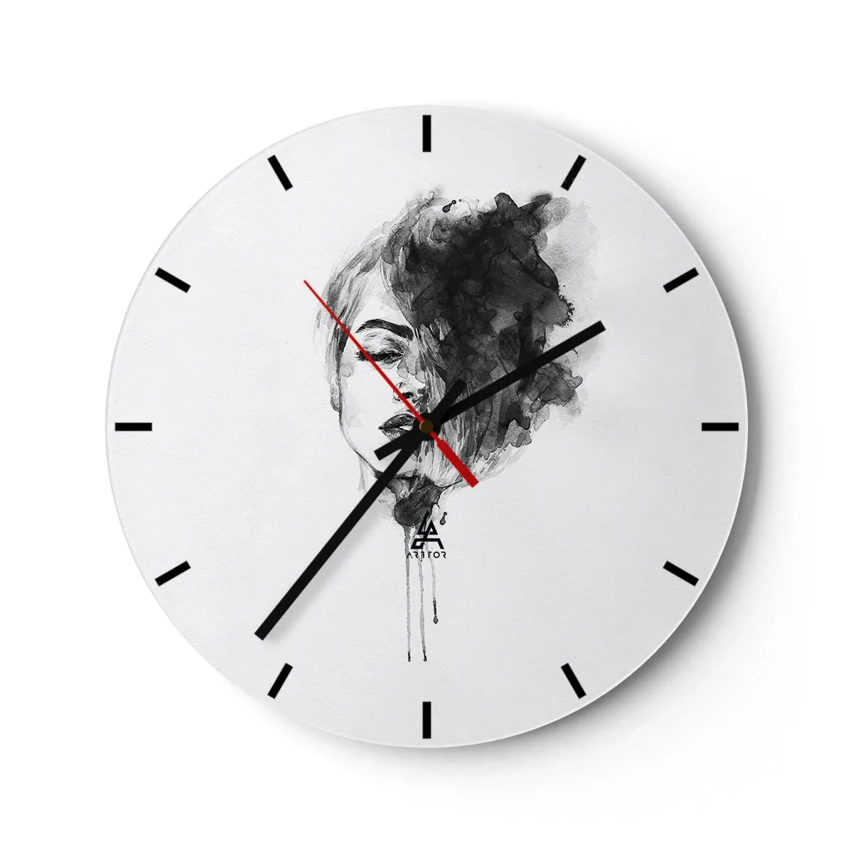 Vægur, Uret - Sort-hvid akvarelmaleri af en kvindes ansigt med røgeffekt - 30x30cm - Hvad piger drømmer om - Moderne vægdekoration til stue, køkken og soveværelse ARTTOR