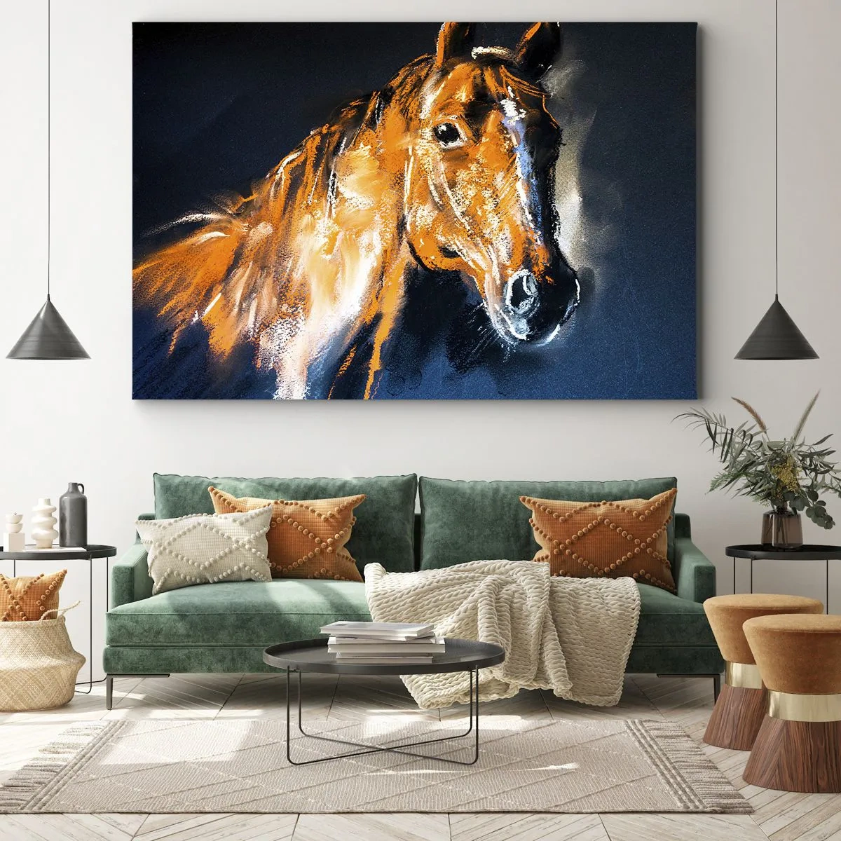 Lærredstryk - Billede på lærred - Portræt af en hest i en dynamisk, malerisk stil - 70x50cm - Hvad så, skal du af sted? - Moderne vægdekoration til stue og soveværelse ARTTOR