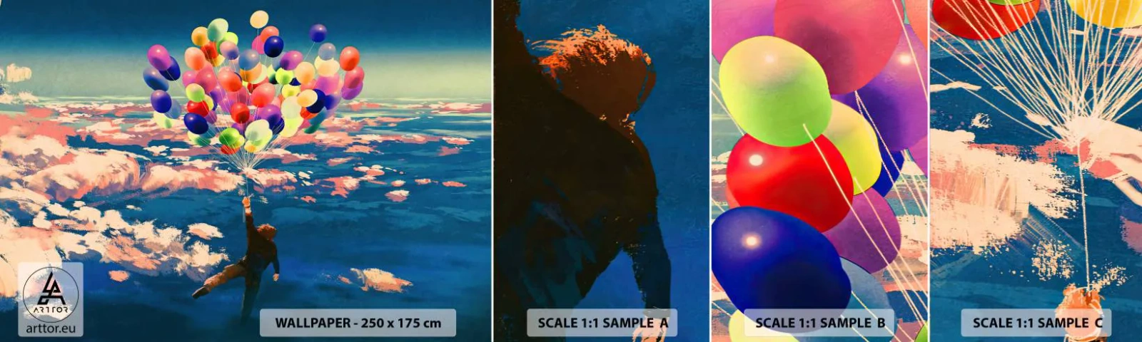 Prøve Fototapet Selvklæbende Deluxe Sticker - En barndomsdrøm, der går i opfyldelse - For børn, Farverige balloner, Abstraktion - 100x30 cm