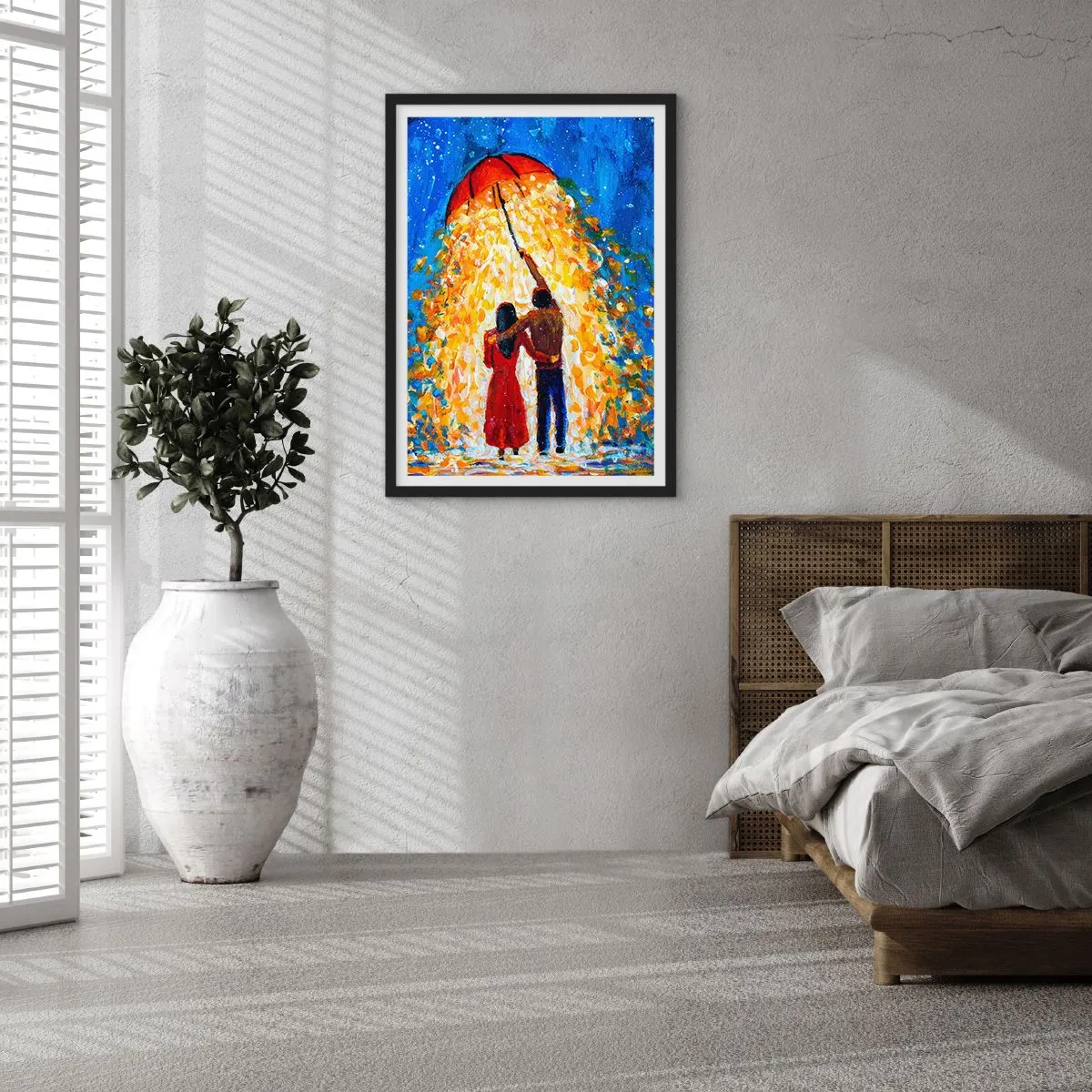 Plakat i sort ramme - Et romantisk par under en paraply fuld af lys - 50x70cm - Magien ved en regnfuld aften? - Moderne vægdekoration til stue og soveværelse ARTTOR